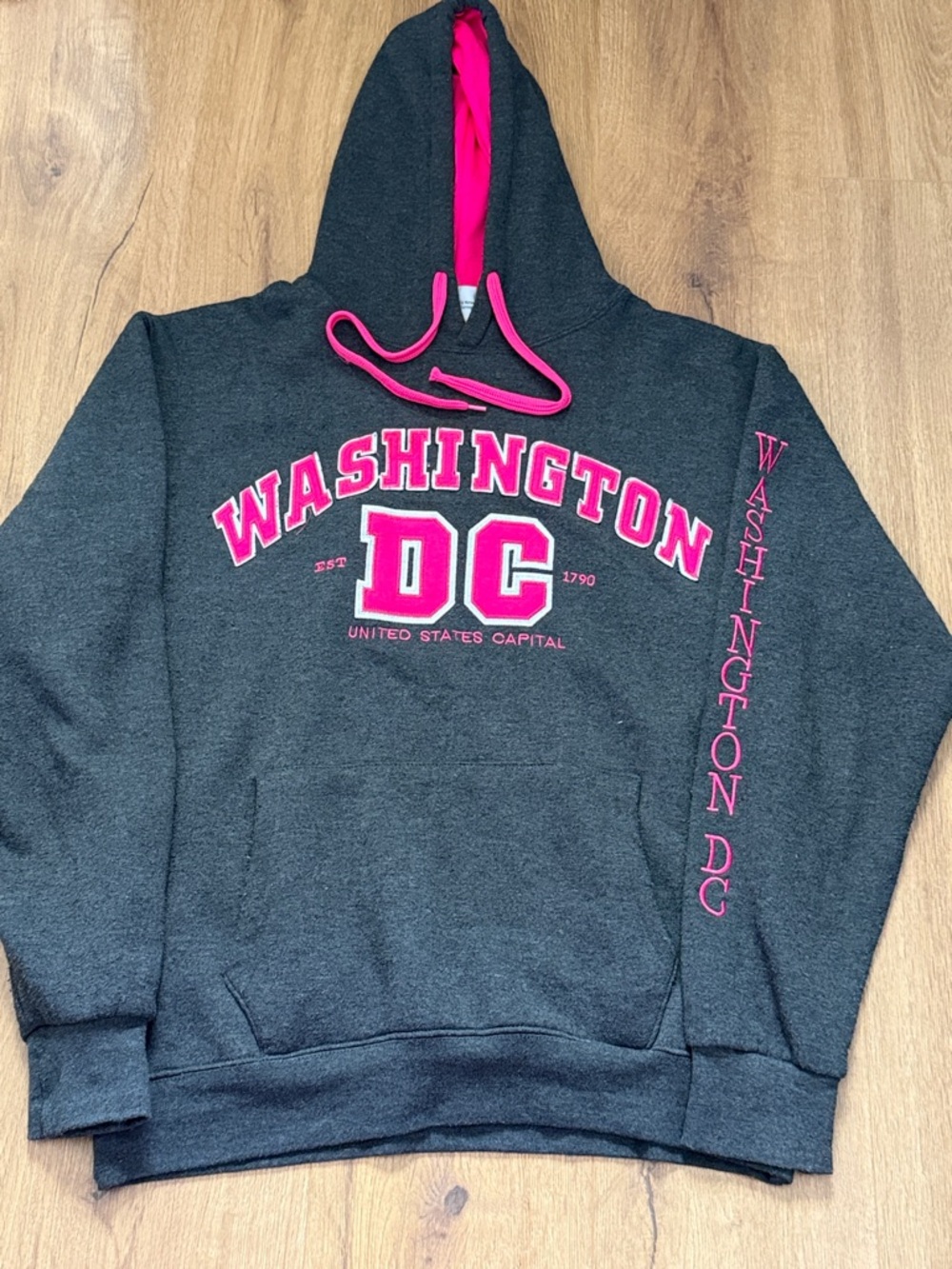 Washington DC Hooded Sweatshirt in Charcoal with Pink Trim
